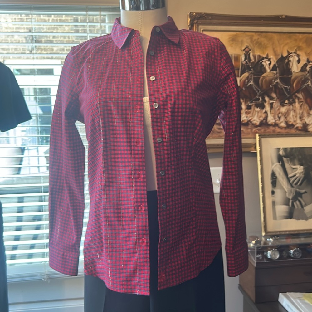 Talbots Sz 6P Red Navy Gold Plaid Button Down Shirt in EUC